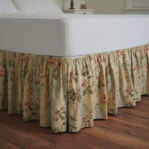 Vintage WAVERLY Twin Bed Skirt Floral Stripe Roses Split Corner Gold Pale Green
